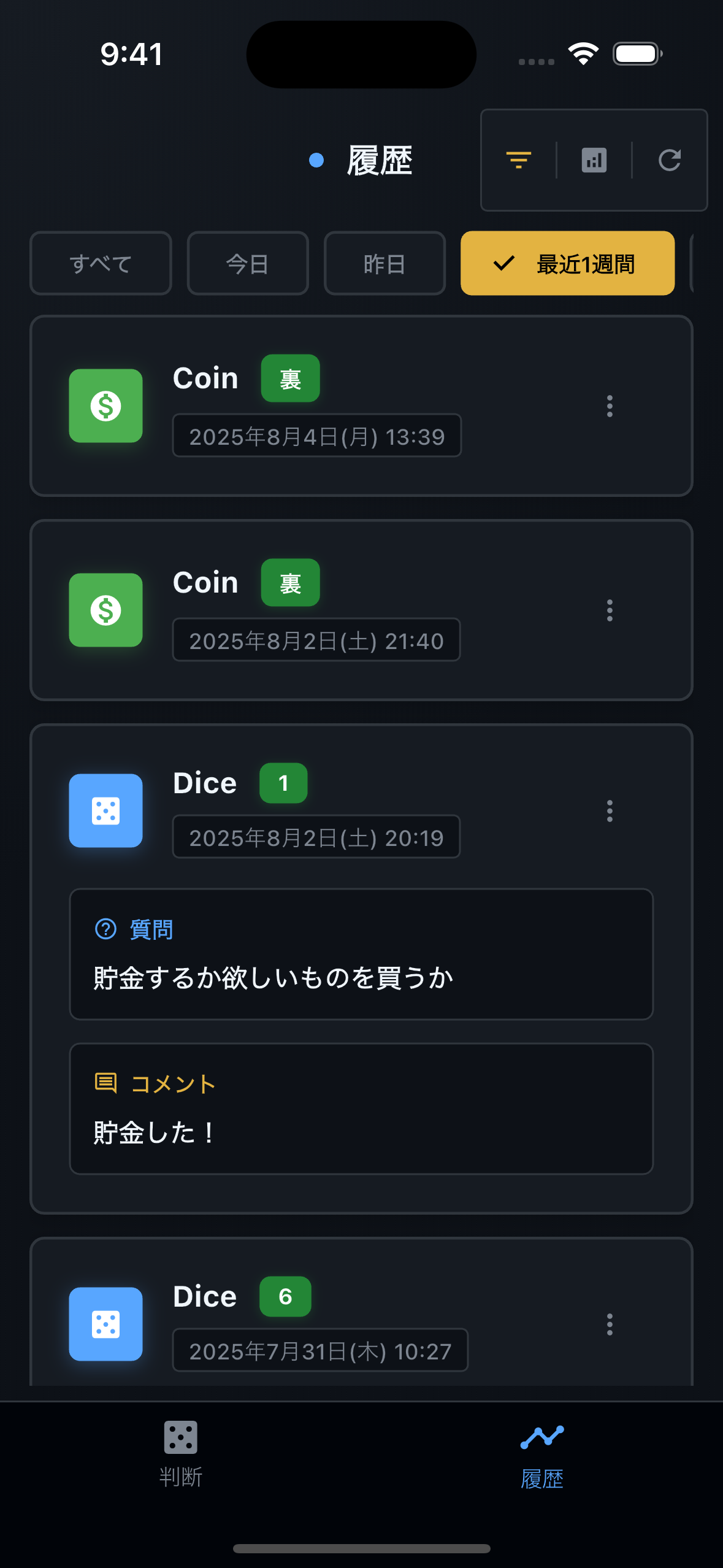 Kimero 統計画面 - 決断傾向の分析グラフ