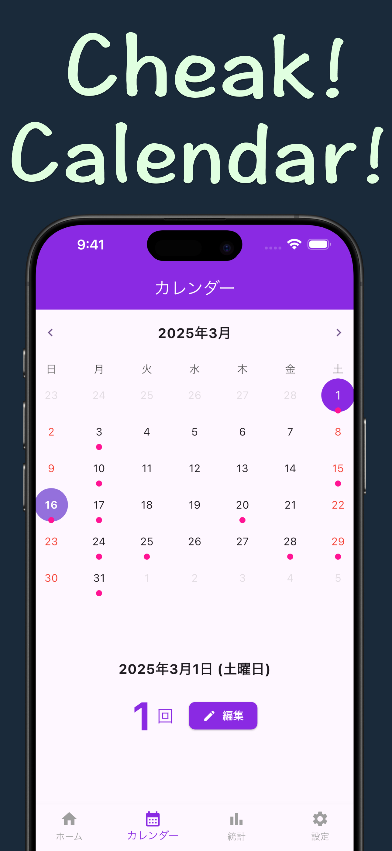 Shikoota カレンダー画面 - 月別の記録一覧表示